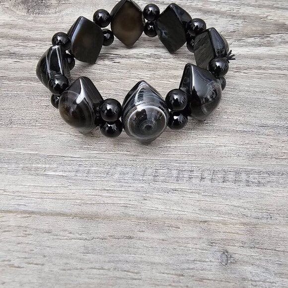 💎Vintage Glass Gemstone Eye Agate Hexagon Black Stretch Bracelet - Picture 4 of 5